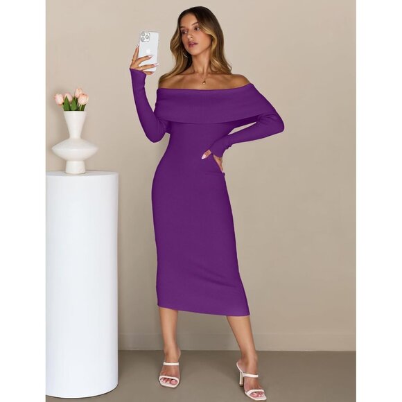 Merokeety Women's Darkpurple Off Shoulder Long Sleeve Elegant Bodycon Midi Dress - Picture 7 of 9